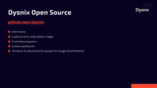 Dysnix Open Source
github.com/dysnix

Helm charts
Cryptocurrency nodes docker images
Prometheus exporters
Grafana dashboards
Terraform for Blockchain-ETL (project for Google Cloud Platform)
 
