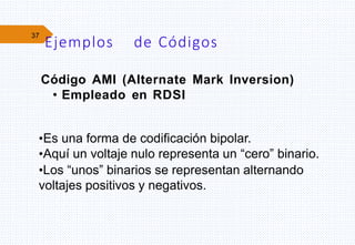 37
Ejemplos de Códigos
Código AMI (Alternate Mark Inversion)
• Empleado en RDSI
•Es una forma de codificación bipolar.
•Aquí un voltaje nulo representa un “cero” binario.
•Los “unos” binarios se representan alternando
voltajes positivos y negativos.
 
