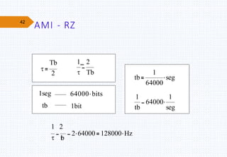 42

Tb
2
tb
1
64000
.seg
1
tb
64000. 1
seg
1 2
 t
b
2.64000 128000.Hz
1seg
tb
1 2
 Tb
64000.bits
1bit
AMI - RZ
 