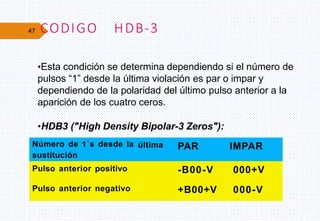 47 CODIGO HDB-3
•Esta condición se determina dependiendo si el número de
pulsos “1” desde la última violación es par o impar y
dependiendo de la polaridad del último pulso anterior a la
aparición de los cuatro ceros.
•HDB3 ("High Density Bipolar-3 Zeros"):
Número de 1´s desde la
sustitución
última PAR IMPAR
Pulso anterior positivo -B00-V 000+V
Pulso anterior negativo +B00+V 000-V
 