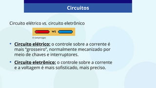 Circuitos
Circuito elétrico vs. circuito eletrônico
• Circuito elétrico: o controle sobre a corrente é
mais “grosseiro”, normalmente mecanizado por
meio de chaves e interruptores.
• Circuito eletrônico: o controle sobre a corrente
e a voltagem é mais sofisticado, mais preciso.
© GettyImages
 