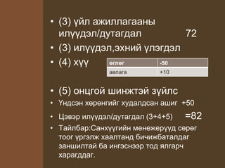 • (3) үйл ажиллагааны
илүүдэл/дутагдал 72
• (3) илүүдэл,эхний үлэгдэл
• (4) хүү
• (5) онцгой шинжтэй зүйлс
• Үндсэн хөрөнгийг худалдсан ашиг +50
• Цэвэр илүүдэл/дутагдал (3+4+5) =82
• Тайлбар:Санхүүгийн менежерүүд сөрөг
тоог үргэлж хаалтанд бичижбаталдаг
заншилтай ба ингэснээр тод ялгарч
харагддаг.
өглөг -50
авлага +10
 