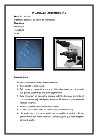 PRACTICA DE LABORATORIO N0 5
Tema:Microscopía
Objetivo:Reconocer las partes del microscopio.
Materiales:
Microscopio
Portaobjeto
Gráfico:

Procedimiento:
 Colocamos el microscopio en una mesa fija.
 Conectamos el microscopio.
 Colocamos el portaobjetos sobre la platina de manera tal que la parte
que quieres observar se encuentre bajo la lente.
 Para comenzar, se selecciona siempre la lente de menor aumento 4X
que permite ver mejor el objeto y encontrar fácilmente la parte que más
interesa observar.
 Utilizas el tornillo micrométrico para enfocar.
 Cuando ya ves la muestra, la pasas a mayor aumento (10x).
 Se repite todo, pero ya se puede usar el tornillo micrométrico, lo que
permite mover con menor velocidad la muestra, para que no se salga del
campo de visión.

 