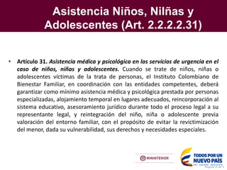 Asistencia Niños, Nilñas y
Adolescentes (Art. 2.2.2.2.31)
Pagina X de Y
• Artículo 31. Asistencia médica y psicológica en los servicios de urgencia en el
caso de niños, niñas y adolescentes. Cuando se trate de niños, niñas o
adolescentes víctimas de la trata de personas, el Instituto Colombiano de
Bienestar Familiar, en coordinación con las entidades competentes, deberá
garantizar como mínimo asistencia médica y psicológica prestada por personas
especializadas, alojamiento temporal en lugares adecuados, reincorporación al
sistema educativo, asesoramiento jurídico durante todo el proceso legal a su
representante legal, y reintegración del niño, niña o adolescente previa
valoración del entorno familiar, con el propósito de evitar la revictimización
del menor, dada su vulnerabilidad, sus derechos y necesidades especiales.
 