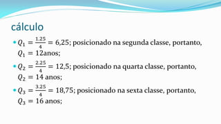 cálculo
 𝑄1 =
1.25
4
= 6,25; posicionado na segunda classe, portanto,
𝑄1 = 12anos;
 𝑄2 =
2.25
4
= 12,5; posicionado na quarta classe, portanto,
𝑄2 = 14 anos;
 𝑄3 =
3.25
4
= 18,75; posicionado na sexta classe, portanto,
𝑄3 = 16 anos;
 