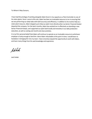 Jack Snider Recommendation Letter