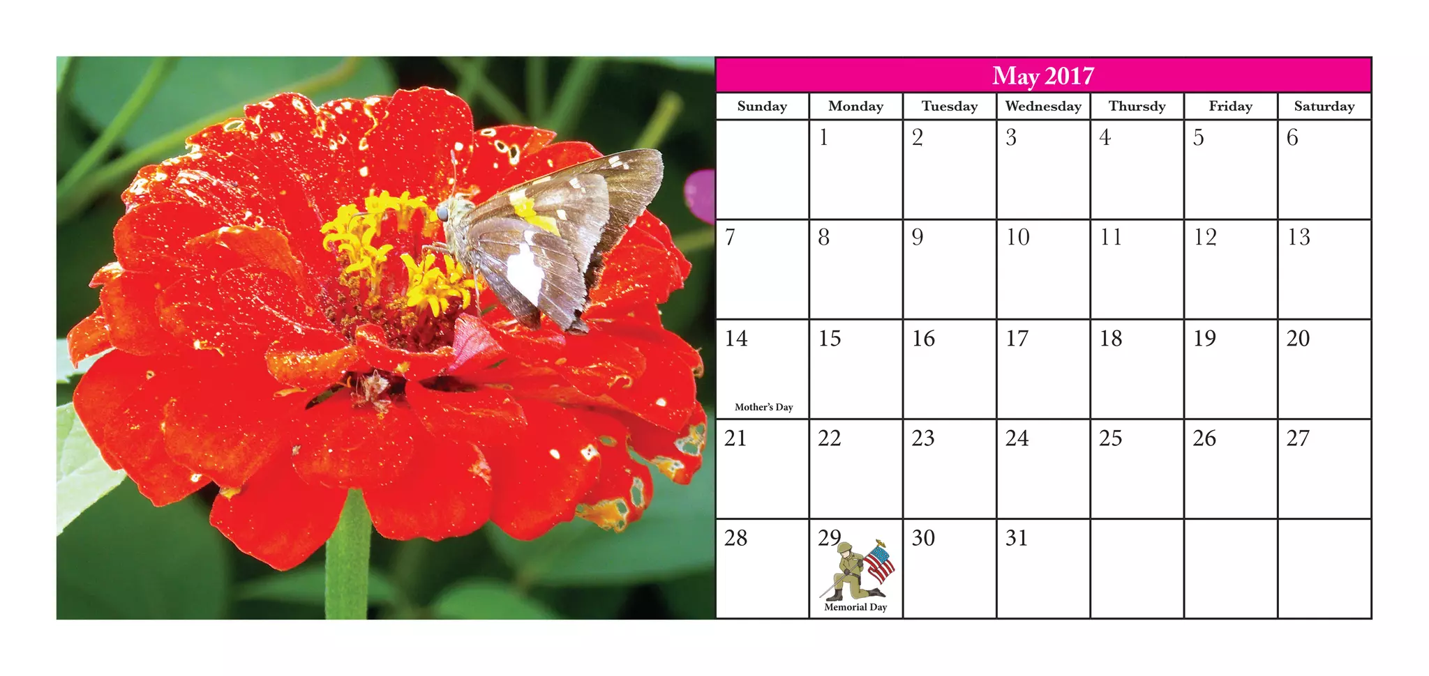 May 2017
Sunday Monday Tuesday Wednesday Thursdy Friday Saturday
1 2 3 4 5 6
7 8 9 10 11 12 13
14 15 16 17 18 19 20
21 22 23 24 25 26 27
28 29 30 31
Memorial Day
Mother’s Day
 