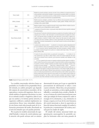 95
La atención: un proceso psicológico básico
Revista de la Facultad de Psicología Universidad Cooperativa de Colombia - Volumen 5, Número 8 / enero-junio 2009
PosnerySnyder 1975
Modelodelaactivaciónautomáticayatenciónconsciente.Existeunadiferenciaconceptualentreprocesa-
mientoautomáticoyprocesamientocontrolado.Losprocesamientosautomáticosdebensersinintención,
nodebenoriginarunconocimientoconscienteynodebeninterferirenningunaotraactividadmentalque
siguesucurso.Laatenciónconscientetieneunacapacidadlimitada.
ShiffrinySchneider 1977
Modelo de procesos controlados y automáticos. Hacen una diferencia entre procesamiento automático y
procesamiento controlado. El procesamiento automático es rápido, paralelo e inflexible, mientras que el
controladoeslento,seriadoyflexible.
Allport 1980
Modelodemódulos.Rechazaelmodelodeprocesadorcentralyproponediferentesmódulosdeprocesa-
mientoespecífico,quesonindependientesyoperanenparalelo.
Baddeley 1986
Su propuesta es la teoría de la síntesis: un procesador central, además de sistemas específicos ordenados
demanerajerárquica.
Posner,PetersenyRaichle 1990
Teoríaatencional.Elsistemadecontrolatencionalposeeunaarquitecturadenaturalezamodularqueestá
compuesta por tres sistemas o redes atencionales: la red atencional posterior (encargada de la orienta-
ción), la red atencional anterior (encargada del control atencional) y la red de alerta o vigilancia (en-
cargada de producir y mantener el estado de alerta). Aunque estas redes operan de manera conjunta
en la mayor parte de las actividades cotidianas, los datos experimentales han permitido identificar sus
componentes en términos neuroanatómicos, así como aislar la función de cada uno de ellos (Mestre y
Palmero,2004).
Tudela 1992
La atención como sistema de control. […] La atención es un mecanismo cognitivo independiente de lo
que son los diferentes sistemas de procesamiento (perceptivos, motores, de memoria, de aprendizaje),
[…]. Es un mecanismo central de capacidad limitada cuya función primordial es controlar y orientar
la actividad consciente del organismo de acuerdo con un objetivo determinado (Tudela, 1992 citado en
MestreyPalmero,2004).
García-Orzaycols. 2002
El estudio del sistema atencional desde una aproximación neurocognitiva. […] Lo novedoso de esta
nueva aproximación es que realiza un análisis empírico y teórico de la atención explicando cómo opera
cada una de las distintas formas de atención y qué mecanismos neuronales están implicados en cada
unadeellas.
[…]Asuvezseaprovechadelosavancesenimagineríacerebralquepermitenregistrarlaactividadce-
rebralenmediodelaejecucióndeunatareacognitiva.Deigualformautilizalosestudiosneuropsicológicos
de pacientes con lesiones cerebrales localizadas que permiten observar qué deterioros cognitivos están
asociadosconlasáreascerebrales.“[…]SegúnGarcía,J.Madrazo,MyViñals,F.(2002):[…]Estosestu-
dios deben avaluar y/o desarrollar modelos sobre el funcionamiento cognitivo normal, modelos que a su
vezdebenservirparaexplicarlaconductadesujetoslesionados,enestesentidoelmodelocognitivotrata
de identificar a partir del empleo de diferentes tareas qué procesos se encuentran alterados y cuáles in-
tactosenelsistemadeprocesamientolecto-escritordelospacientescondañocerebral”,queparaefectos
del tema tratado sobre la atención opera de la misma manera con el fin de explicar el proceso desde esta
perspectiva neurocognitiva.Y por último, se vale de los registros unicelulares con primates no humanos
quepermitenaislarcélulasindividualesdedistintasoperacionesatencionales(MestreyPalmero,2004).
Fuente: AdaptadodeFregosoyGutiérrez(2008,110-111).
Los modelos atencionales selectivos basan sus
postulados en el análisis de las propiedades físicas
del estímulo, un análisis perceptivo que depende
del conjunto de características sensoriales y de las
expectativas o motivos del organismo.Ante un es-
tímulo auditivo,el organismo discrimina si se trata
de un estímulo acústico o lingüístico, dado el caso
que sea acústico y le interese prestar atención, el
organismo codificará y analizará rápidamente sus
características físicas: tono, intensidad, volumen,
de esta forma estará seleccionando parte de la in-
formación proveniente del medio, desechando así
el resto de estímulos que se le puedan presentar.
Por su parte, los modelos atencionales de capa-
cidad limitada o sistema de control, plantean que
la atención solo puede activarse ante un número
determinado de tareas, por lo que su capacidad de
procesamiento de información se reduce a unos
cuantos estímulos. Ahora bien, este procesamien-
to puede ser automático,es decir,rápido,paralelo e
inflexible o controlado, lento, seriado y flexible. A
su vez, el sistema de control atencional posee unas
redes que trabajan de forma conjunta las cuales se
encargan de la orientación, o sea, orientación en
tiempo y espacio, en el caso de los seres humanos;
del control atencional, es decir, la supervisión en
línea del sistema funcional complejo (el cerebro) y
la producción y mantenimiento de la alerta, nece-
saria para los estados de vigilia.
El estudio del sistema atencional desde una
aproximación neurocognitiva ha permitido am-
pliar los horizontes sobre este tema, pasando de
Pensando Psicologia Vol5 Num8.indd 95 02/09/2010 06:49:51 a.m.
 