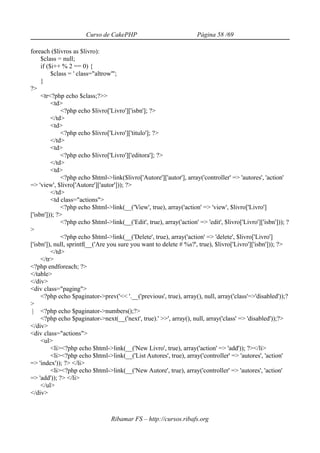 Curso de CakePHP                               Página 58 /69

foreach ($livros as $livro):
     $class = null;
     if ($i++ % 2 == 0) {
          $class = ' class="altrow"';
     }
?>
     <tr<?php echo $class;?>>
          <td>
              <?php echo $livro['Livro']['isbn']; ?>
          </td>
          <td>
              <?php echo $livro['Livro']['titulo']; ?>
          </td>
          <td>
              <?php echo $livro['Livro']['editora']; ?>
          </td>
          <td>
              <?php echo $html->link($livro['Autore']['autor'], array('controller' => 'autores', 'action'
=> 'view', $livro['Autore']['autor'])); ?>
          </td>
          <td class="actions">
              <?php echo $html->link(__('View', true), array('action' => 'view', $livro['Livro']
['isbn'])); ?>
              <?php echo $html->link(__('Edit', true), array('action' => 'edit', $livro['Livro']['isbn'])); ?
>
              <?php echo $html->link(__('Delete', true), array('action' => 'delete', $livro['Livro']
['isbn']), null, sprintf(__('Are you sure you want to delete # %s?', true), $livro['Livro']['isbn'])); ?>
          </td>
     </tr>
<?php endforeach; ?>
</table>
</div>
<div class="paging">
     <?php echo $paginator->prev('<< '.__('previous', true), array(), null, array('class'=>'disabled'));?
>
 | <?php echo $paginator->numbers();?>
     <?php echo $paginator->next(__('next', true).' >>', array(), null, array('class' => 'disabled'));?>
</div>
<div class="actions">
     <ul>
          <li><?php echo $html->link(__('New Livro', true), array('action' => 'add')); ?></li>
          <li><?php echo $html->link(__('List Autores', true), array('controller' => 'autores', 'action'
=> 'index')); ?> </li>
          <li><?php echo $html->link(__('New Autore', true), array('controller' => 'autores', 'action'
=> 'add')); ?> </li>
     </ul>
</div>



                                 Ribamar FS – http://cursos.ribafs.org
 