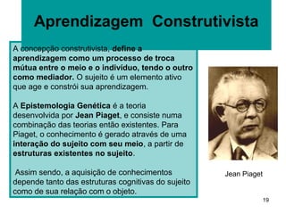Aprendizagem Construtivista
A concepção construtivista, define a
aprendizagem como um processo de troca
mútua entre o meio e o indivíduo, tendo o outro
como mediador. O sujeito é um elemento ativo
que age e constrói sua aprendizagem.

A Epistemologia Genética é a teoria
desenvolvida por Jean Piaget, e consiste numa
combinação das teorias então existentes. Para
Piaget, o conhecimento é gerado através de uma
interação do sujeito com seu meio, a partir de
estruturas existentes no sujeito.

 Assim sendo, a aquisição de conhecimentos           Jean Piaget
depende tanto das estruturas cognitivas do sujeito
como de sua relação com o objeto.
                                                                   19
 
