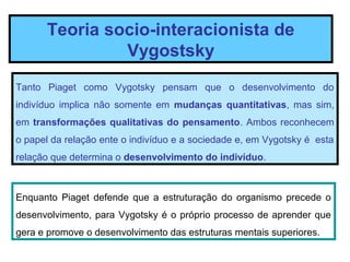Teoria socio-interacionista de
               Vygostsky
Tanto Piaget como Vygotsky pensam que o desenvolvimento do
indivíduo implica não somente em mudanças quantitativas, mas sim,
em transformações qualitativas do pensamento. Ambos reconhecem
o papel da relação ente o indivíduo e a sociedade e, em Vygotsky é esta
relação que determina o desenvolvimento do indivíduo.



Enquanto Piaget defende que a estruturação do organismo precede o
desenvolvimento, para Vygotsky é o próprio processo de aprender que
gera e promove o desenvolvimento das estruturas mentais superiores.
 