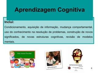 Aprendizagem Cognitiva
Inclui:
Condicionamento, aquisição de informação, mudança comportamental,
uso do conhecimento na resolução de problemas, construção de novos
significados, de novas estruturas cognitivas, revisão de modelos
mentais.




                                                                6
 