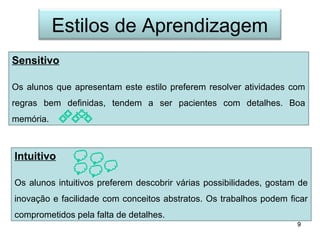 Estilos de Aprendizagem
Sensitivo

Os alunos que apresentam este estilo preferem resolver atividades com
regras bem definidas, tendem a ser pacientes com detalhes. Boa
memória.



Intuitivo

Os alunos intuitivos preferem descobrir várias possibilidades, gostam de
inovação e facilidade com conceitos abstratos. Os trabalhos podem ficar
comprometidos pela falta de detalhes.
                                                                     9
 