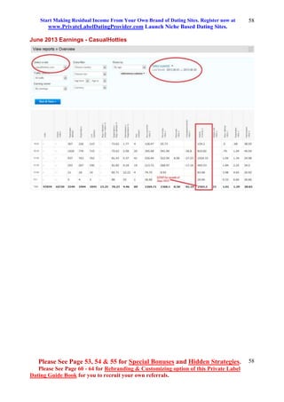 Start Making Residual Income From Your Own Brand of Dating Sites. Register now at
www.PrivateLabelDatingProvider.com Launch Niche Based Dating Sites.
Please See Page 53, 54 & 55 for Special Bonuses and Hidden Strategies.
Please See Page 60 - 64 for Rebranding & Customizing option of this Private Label
Dating Guide Book for you to recruit your own referrals.
58
58
June 2013 Earnings - CasualHotties
 