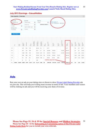 Start Making Residual Income From Your Own Brand of Dating Sites. Register now at
www.PrivateLabelDatingProvider.com Launch Niche Based Dating Sites.
Please See Page 53, 54 & 55 for Special Bonuses and Hidden Strategies.
Please See Page 60 - 64 for Rebranding & Customizing option of this Private Label
Dating Guide Book for you to recruit your own referrals.
59
59
July 2013 Earnings - CasualHotties
Ads
Run your own on ads on your dating sites or choose to show Private Label Dating Provider ads
on your site. This will help you to bring more revenue in terms of ads. Your members and visitors
will be clicking on ads and you will be receiving your share of revenue.
 
