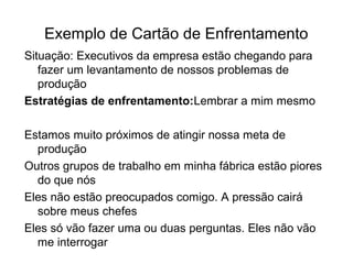 Exemplo de Cartão de Enfrentamento
Situação: Executivos da empresa estão chegando para
fazer um levantamento de nossos problemas de
produção
Estratégias de enfrentamento:Lembrar a mim mesmo
Estamos muito próximos de atingir nossa meta de
produção
Outros grupos de trabalho em minha fábrica estão piores
do que nós
Eles não estão preocupados comigo. A pressão cairá
sobre meus chefes
Eles só vão fazer uma ou duas perguntas. Eles não vão
me interrogar
 