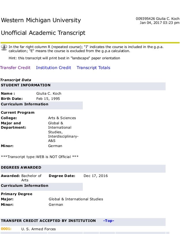 Western Michigan University _p_Unofficial Academic Transcript