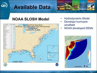 Page | 11
NOAA SLOSH Model • Hydrodynamic Model
• Develops hurricane
windfield
• NOAA developed DEMs
Available Data
 
