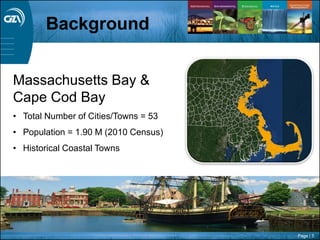 Page | 5
Massachusetts Bay &
Cape Cod Bay
• Total Number of Cities/Towns = 53
• Population = 1.90 M (2010 Census)
• Historical Coastal Towns
Background
 