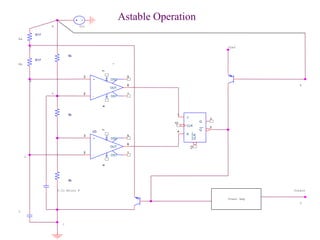 3
2
74
6
1
5
+
-
V+V-
OUT
OS1
OS2
U3
3
2
74
6
1
5
+
-
V+V-
OUT
OS1
OS2
1
4
13
3
2
12
J
K
CLR
Q
Q
CLK
5k
5k
R17
R17
5k
Ra
Rb
Vcc
C
0.01 Micro F
Vref
Power Amp
1
3
4
5
6
7
7
8
Output
2
Astable Operation
 