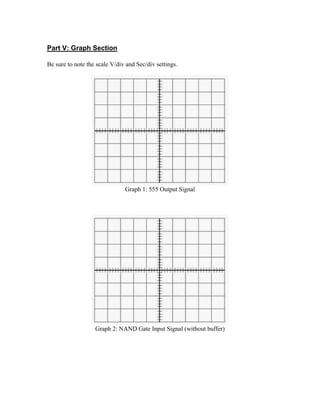 Part V: Graph Section

Be sure to note the scale V/div and Sec/div settings.




                               Graph 1: 555 Output Signal




                   Graph 2: NAND Gate Input Signal (without buffer)
 