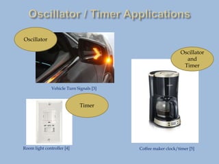 Coffee maker clock/timer [5]
Room light controller [4]
Oscillator
and
Timer
Timer
Oscillator
Vehicle Turn Signals [3]
 