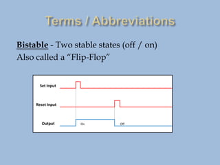 Bistable - Two stable states (off / on)
Also called a “Flip-Flop”
Set Input
Reset Input
Output On Off
 