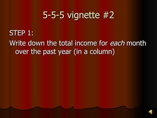 5-5-5 vignette #2 STEP 1: Write down the total income for  each  month over the past year (in a column) 