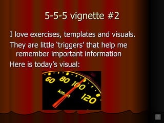 5-5-5 vignette #2 I love exercises, templates and visuals. They are little ‘triggers’ that help me remember important information Here is today’s visual: 