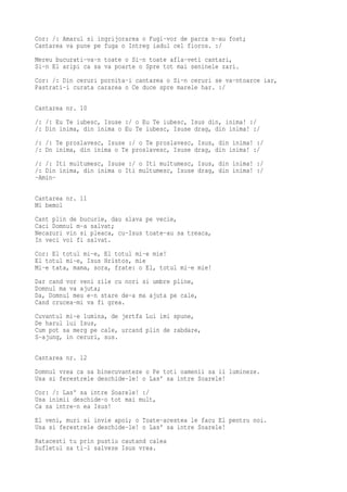 Cor: /: Amarul si ingrijorarea o Fugi-vor de parca n-au fost;
Cantarea va pune pe fuga o Intreg iadul cel fioros. :/
Mereu bucurati-va-n toate o Si-n toate afla-veti cantari,
Si-n El aripi ca sa va poarte o Spre tot mai seninele zari.
Cor: /: Din ceruri pornita-i cantarea o Si-n ceruri se va-ntoarce iar,
Pastrati-i curata cararea o Ce duce spre marele har. :/

Cantarea nr. 10
/: /: Eu Te iubesc, Isuse :/ o Eu Te iubesc, Isus din, inima! :/
/: Din inima, din inima o Eu Te iubesc, Isuse drag, din inima! :/
/: /: Te proslavesc, Isuse :/ o Te proslavesc, Isus, din inima! :/
/: Dn inima, din inima o Te proslavesc, Isuse drag, din inima! :/
/: /: Iti multumesc, Isuse :/ o Iti multumesc, Isus, din inima! :/
/: Din inima, din inima o Iti multumesc, Isuse drag, din inima! :/
-Amin-

Cantarea nr. 11
Mi bemol
Cant plin de bucurie, dau slava pe vecie,
Caci Domnul m-a salvat;
Necazuri vin si pleaca, cu-Isus toate-au sa treaca,
In veci voi fi salvat.
Cor: El totul mi-e, El totul mi-e mie!
El totul mi-e, Isus Hristos, mie
Mi-e tata, mama, sora, frate: o El, totul mi-e mie!
Dar cand vor veni zile cu nori si umbre pline,
Domnul ma va ajuta;
Da, Domnul meu e-n stare de-a ma ajuta pe cale,
Cand crucea-mi va fi grea.
Cuvantul mi-e lumina, de jertfa Lui imi spune,
De harul lui Isus,
Cum pot sa merg pe cale, urcand plin de rabdare,
S-ajung, in ceruri, sus.

Cantarea nr. 12
Domnul vrea ca sa binecuvanteze o Pe toti oamenii sa ii lumineze.
Usa si ferestrele deschide-le! o Las' sa intre Soarele!
Cor: /: Las' sa intre Soarele! :/
Usa inimii deschide-o tot mai mult,
Ca sa intre-n ea Isus!
El veni, muri si invie apoi; o Toate-acestea le facu El pentru noi.
Usa si ferestrele deschide-le! o Las' sa intre Soarele!
Ratacesti tu prin pustiu cautand calea
Sufletul sa ti-l salveze Isus vrea.
 
