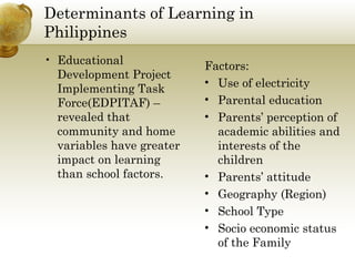 Determinants of Learning in 
Philippines 
• Educational 
Development Project 
Implementing Task 
Force(EDPITAF) – 
revealed that 
community and home 
variables have greater 
impact on learning 
than school factors. 
Factors: 
• Use of electricity 
• Parental education 
• Parents’ perception of 
academic abilities and 
interests of the 
children 
• Parents’ attitude 
• Geography (Region) 
• School Type 
• Socio economic status 
of the Family 
 