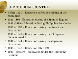 HISTORICAL CONTEXT 
• Before 1521 – Education before the coming of the 
Spaniards 
• 1521-1896 –Education during the Spanish Regime 
• 1896 -1898 – Education during Philippine Revolution 
• 1899 – 1935 – Education during the American 
Occupation 
• 1935 – 1941 – Education during the Philippine 
Commonwealth 
• 1941 – 1944 – Education during the Japanese 
Occupation 
• 1945 – 1946 – Education after WWII 
• 1946 – present – Education under the Philippine 
Republic 
 