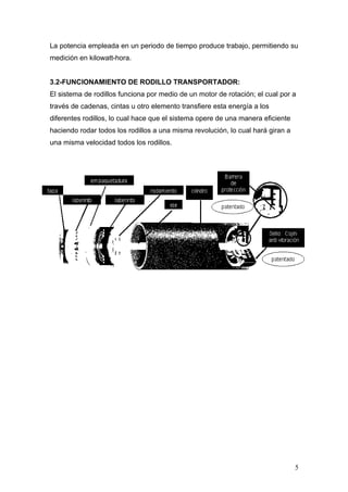 La potencia empleada en un periodo de tiempo produce trabajo, permitiendo su
medición en kilowatt-hora.
3.2-FUNCIONAMIENTO DE RODILLO TRANSPORTADOR:
El sistema de rodillos funciona por medio de un motor de rotación; el cual por a
través de cadenas, cintas u otro elemento transfiere esta energía a los
diferentes rodillos, lo cual hace que el sistema opere de una manera eficiente
haciendo rodar todos los rodillos a una misma revolución, lo cual hará giran a
una misma velocidad todos los rodillos.
5
 