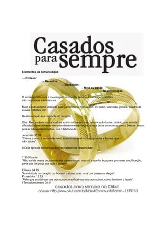 Elementos da comunicação

→ Emissor;
               → Receptor;
                               → Mensagem;
                                               → Meio ou canal;
                                                            → Realimentação

O emissor comunica a mensagem; o receptor recebe a mensagem; ambos
são receptores e emissores.

Meio é todo recurso utilizado para comunicar a mensagem, ex: rádio, televisão, jornais, quadro de
avisos, bilhetes, etc.

Realimentação é a resposta do receptor.

Obs: Meu irmão e minha irmã se existir ruídos em sua comunicação tome cuidado, pois o ruído
dificulta todo o processo de entendimento entre vocês, é hora de se comunicar com o Senhor Jesus,
pois aí não existem ruídos, use o telefone de:

Jeremias 33:03
“Clama a mim, e responder-te-ei, e anunciar-te-ei cousas grandes e firmes, que
não sabes”.

II-Dois tipos de comunicação que poderemos desenvolver


1º Edificante
“Não sai da vossa boca nenhuma palavra torpe, mas só a que for boa para promover a edificação,
para que dê graça aos que a ouvem”.

Efésios 04:29
“A solicitude no coração do homem o abate, mas uma boa palavra o alegra”.
Provérbios 12:25
“Pelo que exortai-vos uns aos outros, e edificai-vos uns aos outros, como também o fazeis”.
I Tessalonicenses 05:11
 
