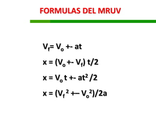 Vf= Vo +- at
x = (Vo +- Vf) t/2
x = Vo t +- at2 /2
x = (Vf
2 +– Vo
2)/2a
FORMULAS DEL MRUV
 