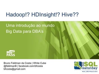 Hadoop!? HDInsight!? Hive??
Uma introdução ao mundo
Big Data para DBA’s
Bruno Feldman da Costa | White Cube
@feldmanB | facebook.com/bfcosta
bfcosta@gmail.com
 