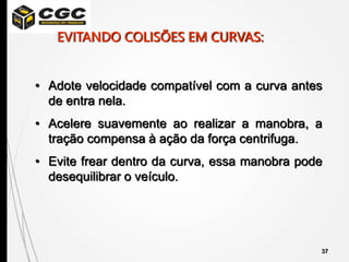 37
• Adote velocidade compatível com a curva antes
de entra nela.
• Acelere suavemente ao realizar a manobra, a
tração compensa à ação da força centrifuga.
• Evite frear dentro da curva, essa manobra pode
desequilibrar o veículo.
EVITANDO COLISÕES EM CURVAS:
 
