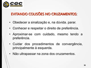 38
• Obedecer a sinalização e, na dúvida. parar.
• Conhecer e respeitar o direito de preferência.
• Aproximar-se com cuidado, mesmo tendo a
preferência.
• Cuidar dos procedimentos de convergência,
principalmente à esquerda.
• Não ultrapassar na zona dos cruzamentos.
EVITANDO COLISÕES NO CRUZAMENTOS:
 