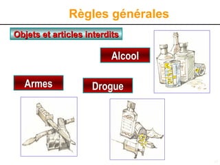 10
Objets et articles interdits
Objets et articles interdits
Alcool
Règles générales
Armes Drogue
 