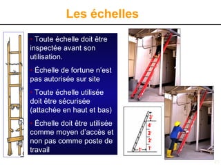 23
Les échelles
• Toute échelle doit être
inspectée avant son
utilisation.
• Échelle de fortune n’est
pas autorisée sur site
• Toute échelle utilisée
doit être sécurisée
(attachée en haut et bas)
• Échelle doit être utilisée
comme moyen d’accès et
non pas comme poste de
travail
 