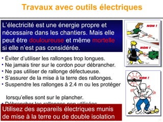 28
Travaux avec outils électriques
L’électricité est une énergie propre et
nécessaire dans les chantiers. Mais elle
peut être douloureuse et même mortelle
si elle n’est pas considérée.
• Éviter d’utiliser les rallonges trop longues.
• Ne jamais tirer sur le cordon pour débrancher.
• Ne pas utiliser de rallonge défectueuse.
• S’assurer de la mise à la terre des rallonges.
• Suspendre les rallonges à 2.4 m ou les protéger
lorsqu’elles sont sur le plancher.
• Débrancher les rallonges non utilisées.
Utilisez des appareils électriques munis
de mise à la terre ou de double isolation
 