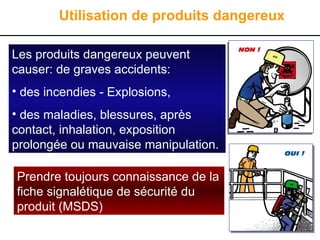 31
Utilisation de produits dangereux
Prendre toujours connaissance de la
fiche signalétique de sécurité du
produit (MSDS)
Les produits dangereux peuvent
causer: de graves accidents:
• des incendies - Explosions,
• des maladies, blessures, après
contact, inhalation, exposition
prolongée ou mauvaise manipulation.
 