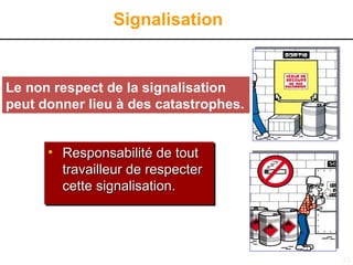 33
Le non respect de la signalisation
peut donner lieu à des catastrophes.
Signalisation
• Responsabilité de tout
Responsabilité de tout
travailleur de respecter
travailleur de respecter
cette signalisation.
cette signalisation.
 