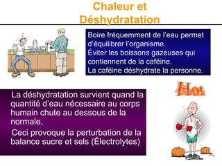 Chaleur et
Déshydratation
La déshydratation survient quand la
quantité d’eau nécessaire au corps
humain chute au dessous de la
normale.
Ceci provoque la perturbation de la
balance sucre et sels (Électrolytes)
Boire fréquemment de l’eau permet
d’équilibrer l’organisme.
Éviter les boissons gazeuses qui
Éviter les boissons gazeuses qui
contiennent de la caféine.
contiennent de la caféine.
La caféine déshydrate la personne.
La caféine déshydrate la personne.
 