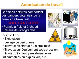 42
Autorisation de travail
ACTIVITES:
• Excavation
• Levage de personnes
• Travaux électrique ou à proximité
• Travaux sur équipement sous pression
• Travaux à chaud près de matières
inflammables ou explosives, etc.
Certaines activités comportent
des dangers potentiels ou le
permis de travail est
O B L I G A T O I R E
• Permis à froid et à chaud
• Permis de radiographie
 