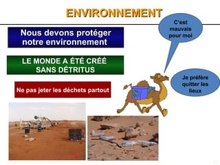 50
ENVIRONNEMENT
ENVIRONNEMENT
Nous devons protéger
Nous devons protéger
notre environnement
notre environnement
LE MONDE A ÉTÉ CRÉÉ
SANS DÉTRITUS
Ne pas jeter les déchets partout
C’est
mauvais
pour moi
Je préfère
quitter les
lieux
 