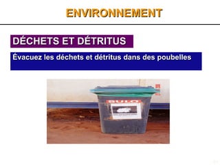 51
DÉCHETS ET DÉTRITUS
DÉCHETS ET DÉTRITUS
Évacuez les déchets et détritus dans des poubelles
Évacuez les déchets et détritus dans des poubelles
ENVIRONNEMENT
ENVIRONNEMENT
 