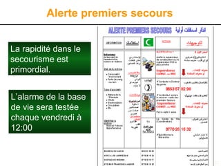 57
Alerte premiers secours
La rapidité dans le
secourisme est
primordial.
L’alarme de la base
de vie sera testée
chaque vendredi à
12:00
 