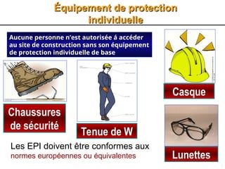 8
Équipement de protection
Équipement de protection
individuelle
individuelle
Aucune personne n’est autorisée á accéder
au site de construction sans son équipement
de protection individuelle de base
Lunettes
Casque
Chaussures
de sécurité
Tenue de W
Les EPI doivent être conformes aux
normes européennes ou équivalentes
 