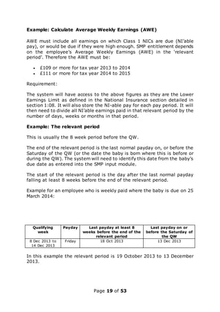 Page 19 of 53
Example: Calculate Average Weekly Earnings (AWE)
AWE must include all earnings on which Class 1 NICs are due (NI’able
pay), or would be due if they were high enough. SMP entitlement depends
on the employee’s Average Weekly Earnings (AWE) in the ‘relevant
period’. Therefore the AWE must be:
 £109 or more for tax year 2013 to 2014
 £111 or more for tax year 2014 to 2015
Requirement:
The system will have access to the above figures as they are the Lower
Earnings Limit as defined in the National Insurance section detailed in
section 1:08. It will also store the NI-able pay for each pay period. It will
then need to divide all NI’able earnings paid in that relevant period by the
number of days, weeks or months in that period.
Example: The relevant period
This is usually the 8 week period before the QW.
The end of the relevant period is the last normal payday on, or before the
Saturday of the QW (or the date the baby is born where this is before or
during the QW). The system will need to identify this date from the baby’s
due date as entered into the SMP input module.
The start of the relevant period is the day after the last normal payday
falling at least 8 weeks before the end of the relevant period.
Example for an employee who is weekly paid where the baby is due on 25
March 2014:
Qualifying
week
Payday Last payday at least 8
weeks before the end of the
relevant period
Last payday on or
before the Saturday of
the QW
8 Dec 2013 to
14 Dec 2013
Friday 18 Oct 2013 13 Dec 2013
In this example the relevant period is 19 October 2013 to 13 December
2013.
 